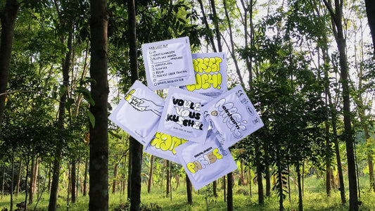 Single einhorn Magic condoms in front of rubber trees in southern Thailand