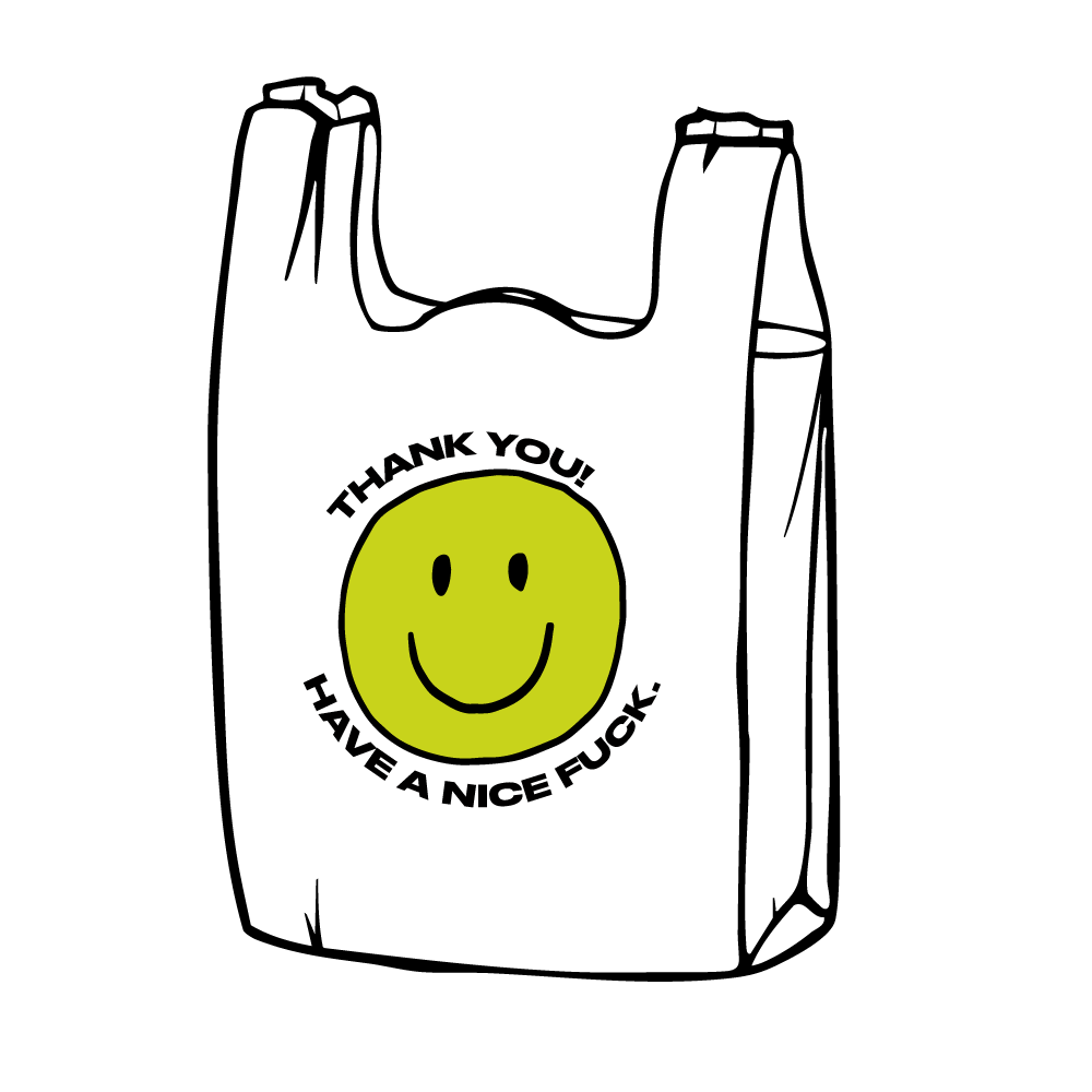 Tüte mit der Aufschrift "THANK YOU! HAVE A NICE FUCK." und einem Smiley in der Mitte. Die Tüte bewegt sich leicht und der Smiley blinzelt dabei