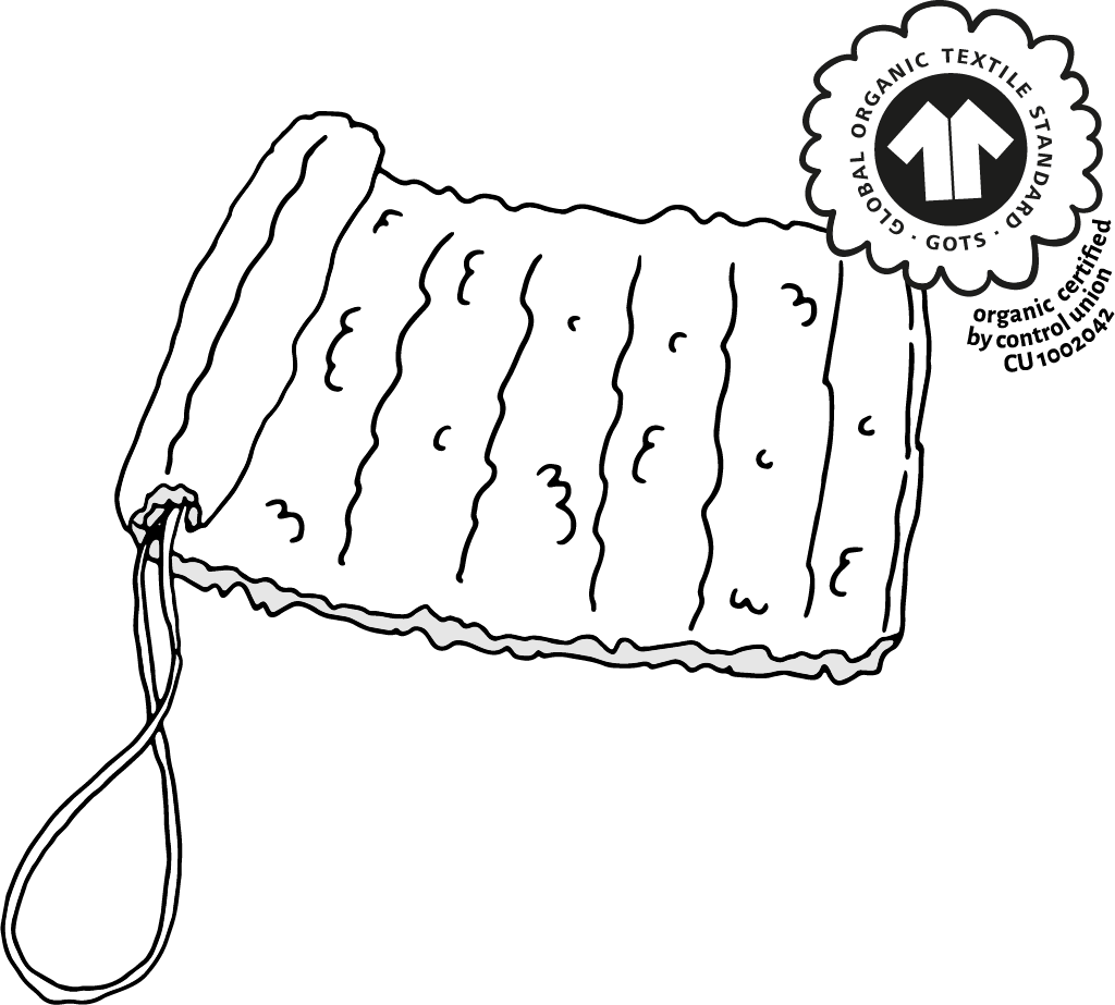 Illustration eines aufgerollten Tampons mit Siegel von Global Organic Textile Standard GOTS