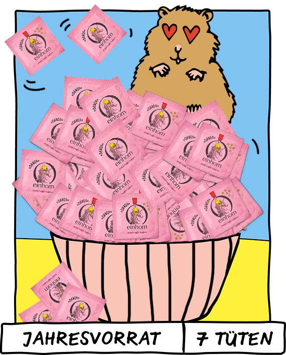 Verliebter Hamster mit einem Jahresvorrat an einhorn BIG Kondomen