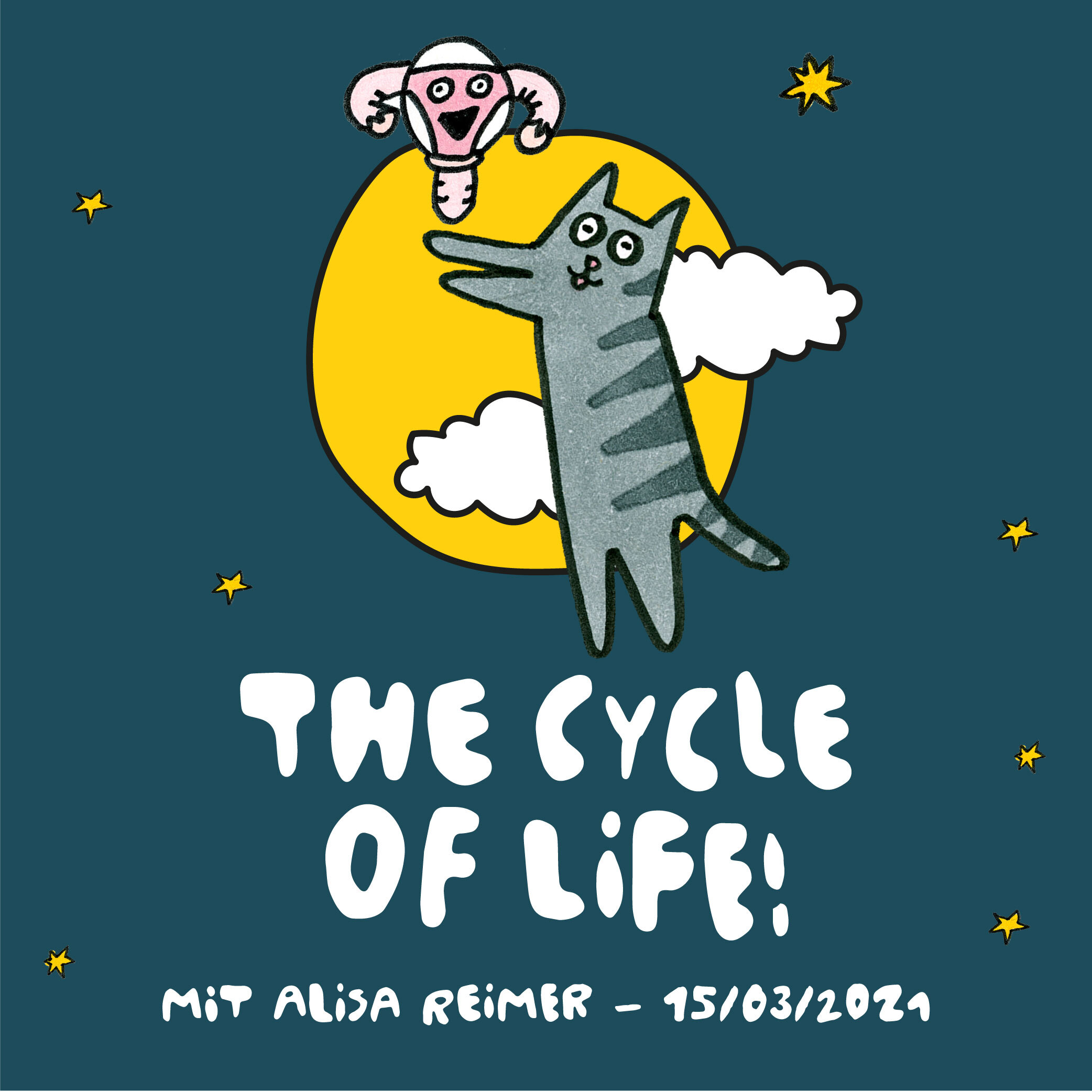 Illustrierte im Himmel fliegende Katze vor einem Mond neben einem Uterus einhorn Event The cycle of life